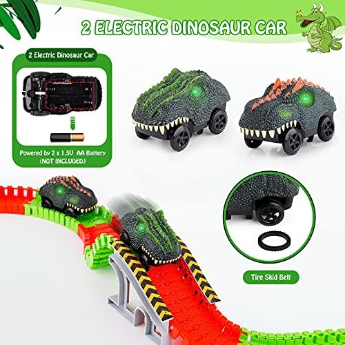 Dinosaur igračke trkačke automobile staza 221 pcs fleksibilna track track igrač s 2 automobila dinosaura, 1 most i 360 stupnjeva ferris