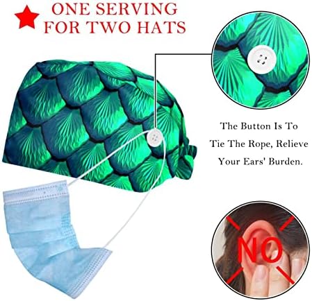 2 paketi Green Mermaid ljestvica Radna kapa s gumbima za žene/muškarce znoj podesiva kravata straga Bouffant šeširi