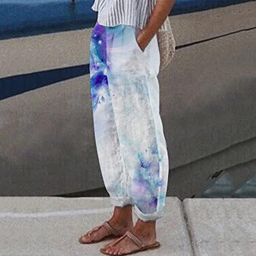 Pamučne lanene Capri hlače Ženske Ležerne ljetne Capri hlače s džepovima visokog struka udobne cvjetne hlače za plažu