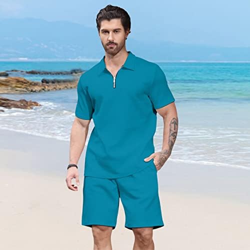Aulemen Mens 2 komad Zip Tracksuit Polo košulja s kratkim rukavima i kratke hlače postavlja ljetne odjeće za muškarce Blue l