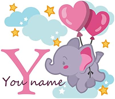 Slatki slon s balonima koji lete kroz oblake, zvijezde na zidu, naljepnica s prilagođenim imenom za djevojčicu i dječaka-prilagođeno