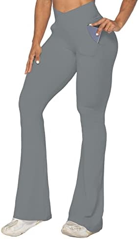 Sunzel Flare gamaše za žene s džepovima, crossover joga hlače s kontrolom trbuha, visokog struka i široka noga