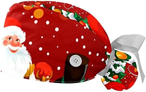 Medicinske kape za žene s gumbima dugačka kosa, 2 komada podesiva radna kapa, crveno božićno drvce Djed Mraz snjegović