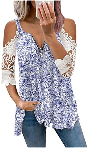 Ženski patentni zatvarač v vrat labavi vrhovi hladne košulje s kratkim rukavima na ramenu tiskane retro patchwork tunike i vrhove