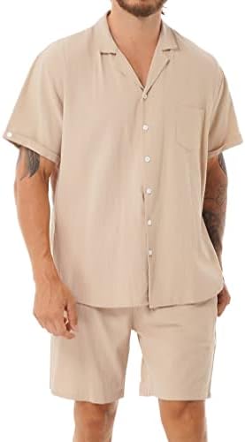 FeeSow muška majica s lanenim gumbom Havaiin 2 komada odijela povremene kratke rukave košulje na plaži kratke hlače set jogging odijelo