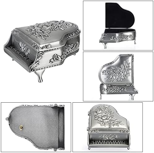 Elldoo Vintage Piano Music Box, Silver Metal Wiw up Musical Box za nakit, kutija za malu kutiju za odlaganje nakita za djevojčice dar