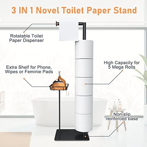 Stalak za držač toaletnog papira, besplatni držač toaletnog papira s policom, držač za toaletni papir za toaletni papir za 6 mega rola,