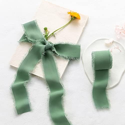 Jedia šifonska vrpca, 3 valjane zelene ručno izrađene šifnske svilene vrpce, 1,5 x 7yd kadulja zelena vrpca za omotavanje poklona,